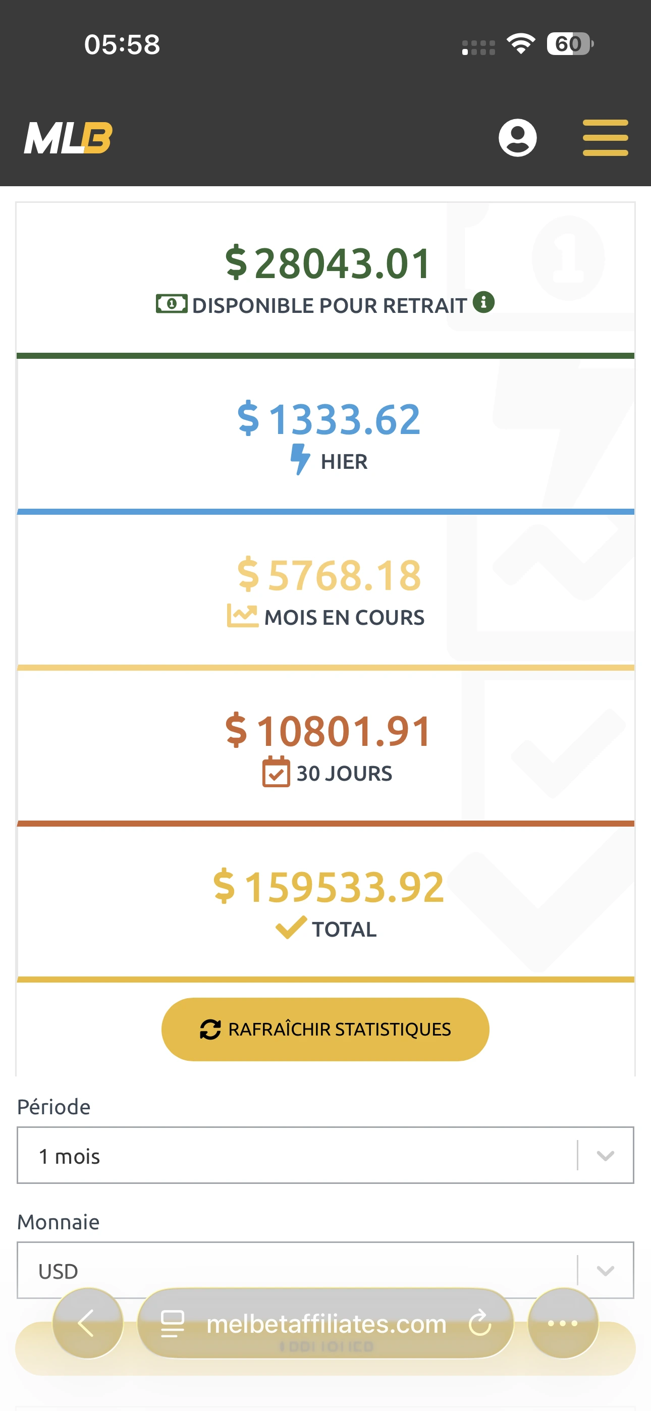 Gain affilié Melbet Sénégal 875 000 FCFA